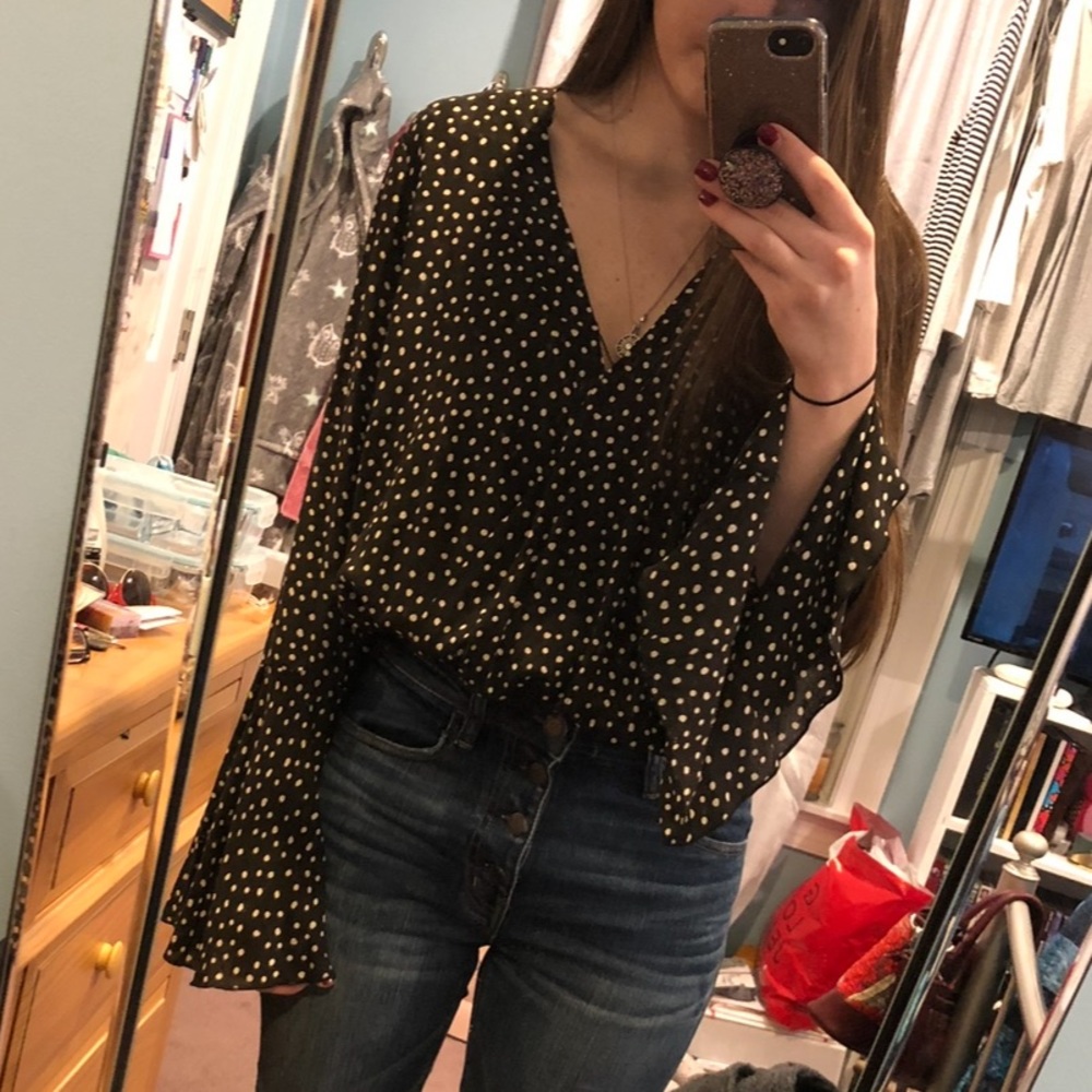 Free People Makin Waves Black Polka Dot Wrap Bell Sleeve Bodysuit - Picture 11 of 12